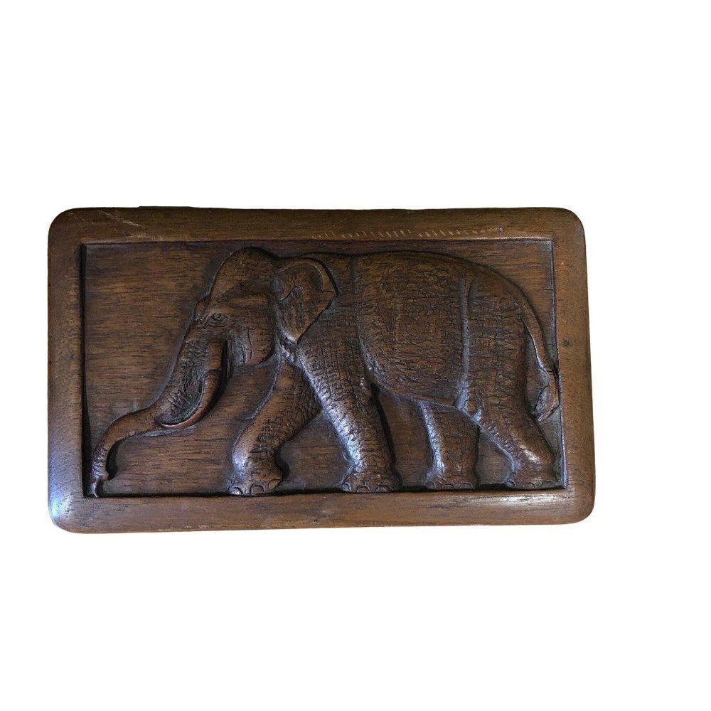 Vintage Carved Footed Wooden Treasure Chest Trinket Jewelry Box Elefant